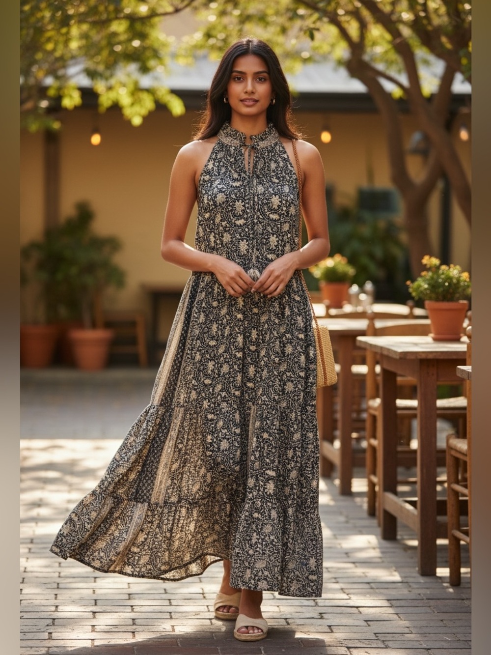NWT Paani Bohemian Maxi Dress Black Gold Metallic S